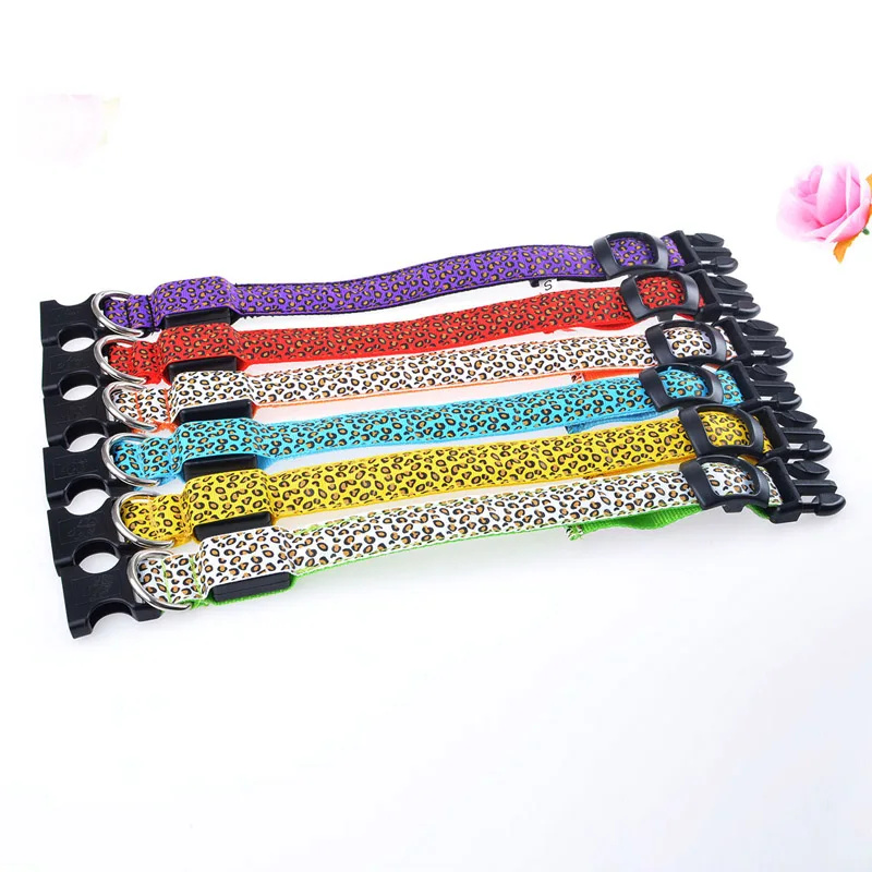 Pet Products Leopard Design Dog Supplies Luminous Anti-Lost Night Safety Flashing Glow Collars Nylon LED Dog Collar