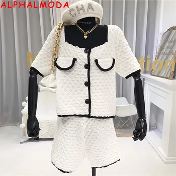 

ALPHALMODA 2020 Summer Women's Knit Cardigans + Shorts 2pcs Fashion Suit Autumn OL Fashion Knitting Outfit Shorts Elegant Set