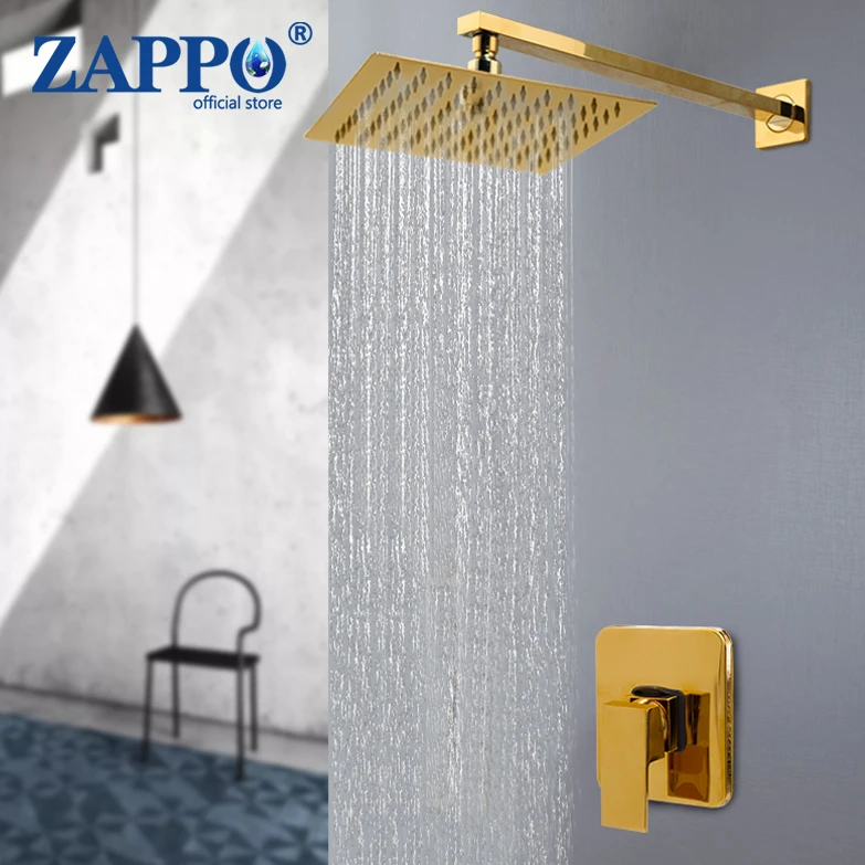 

ZAPPO Wall Mount Golden Shower Faucets Set Ultrathin Rainfall Gold Shower Hot Cold Water Mixer Tap Bathroom Gold Shower Kit