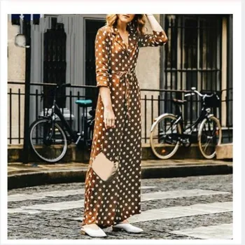 

Women's Summer Polka Dot Long Sleeve Lace Up Straight Long Jumpsuits Turn-down Collar Jumpsuits