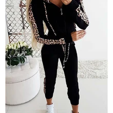 Женский спортивный костюм из 2 предметов, спортивный Спортивный костюм, набор для йоги тренировка, толстовка с капюшоном+ леопардовые штаны, леггинсы, женский спортивный костюм