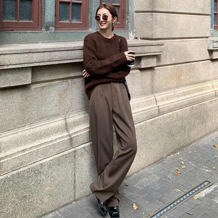 パンツ KAOS Women Straight Pants RP1MR008 6012 Brown Women's Elegant Plain Straight Leg Coffee Brown Pants L (8