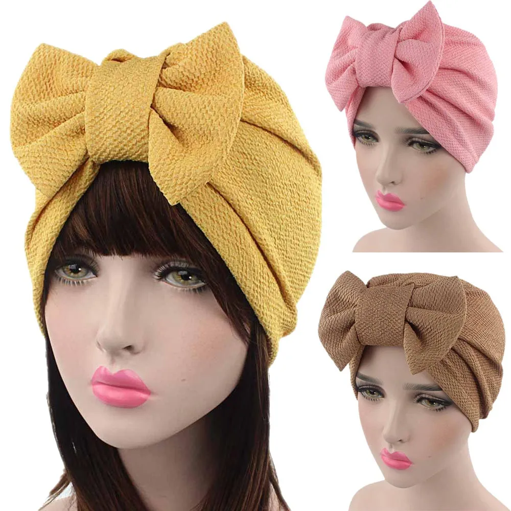

Muslim Solid Bonnet Womens Big Bowknot Stretch Hijab Turban Hat Scarf Headwear Cap Head Wrap Chemo Beanies Bows Hair Accessories