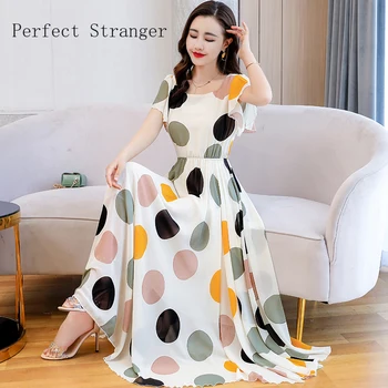

2020 Summer New Arrival Plus Size S-4XL Round Collar Dots Printed Butterfly Sleeve Hot Sale Women Chiffon Long Dress