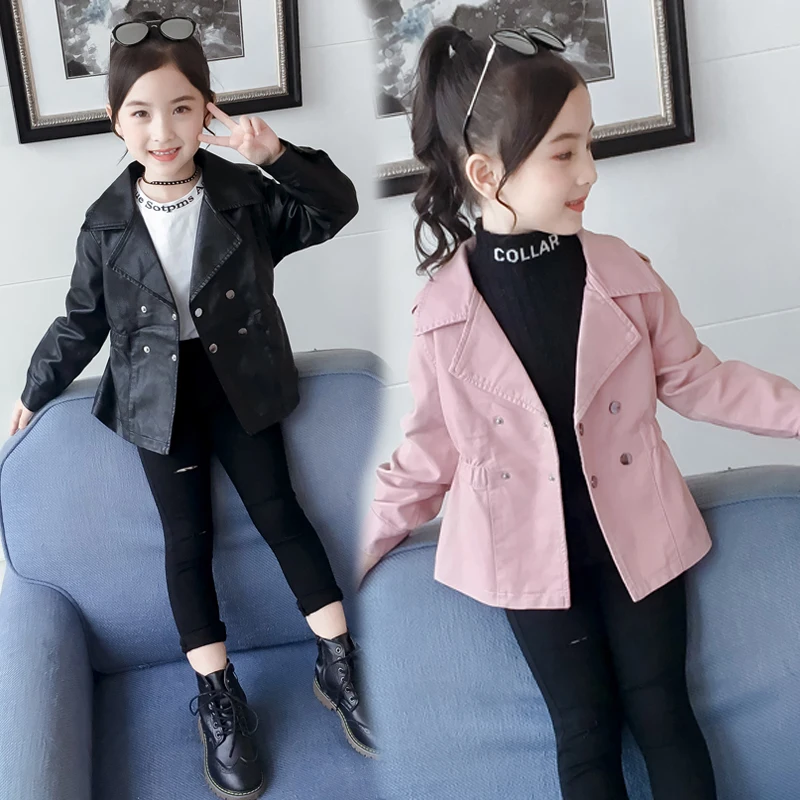 

Fashion Girls Jackets Solid Thin PU Coats New Spring Autumn Casual Baby Girls Clothes Kids Outfits Vestidos for 6 8 10 12 Years