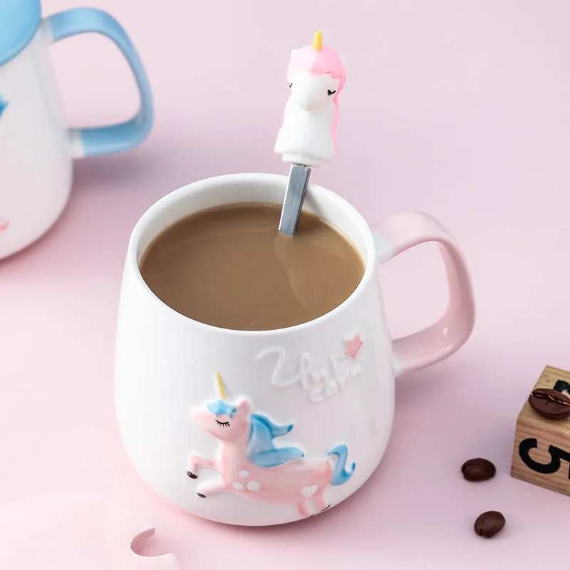 QUNUNOIRE-Tazza in Ceramica con Coperchio Tazza Colazione Tè Caffè Latte Boccale Regalo 400ml Unicorno per Bambina Donna Cucchiaio in Acciaio Inossidabile 