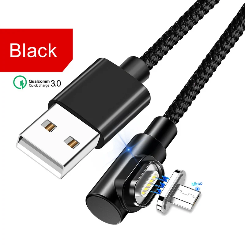 Магнитное зарядное устройство OneVan 5V 3A 90 градусов Usb кабель для быстрой зарядки Micro Usb type C шнур для зарядки iPhone 7 Xiaomi samsung телефон - Цвет: Black For Mirco