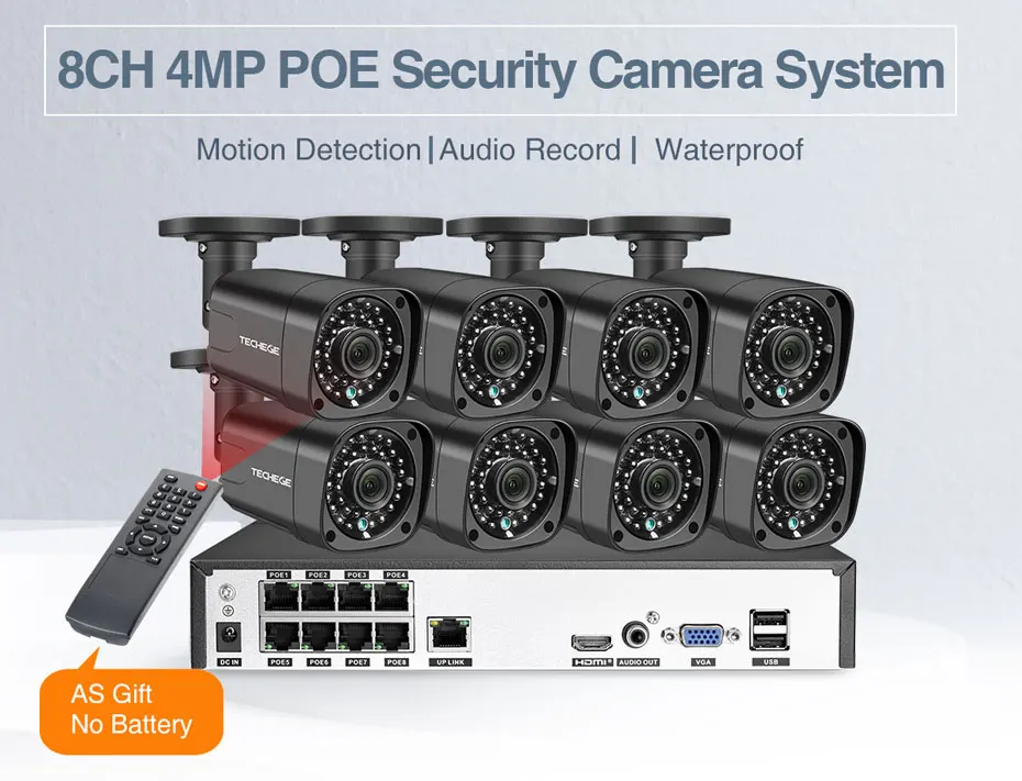 Techege H.265 8Ch 4MP POE NVR CCTV камера системы 4MP POE ip-камера 2560*1440 Открытый водонепроницаемый комплект видеонаблюдения