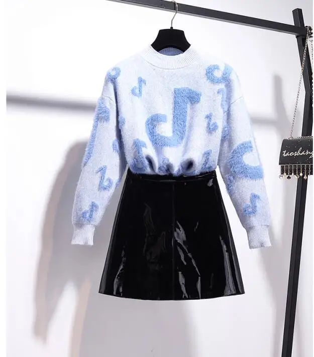 Sweater and Skirt Осенняя одежда для студентов, комплект из двух предметов, женский свободный свитер с кисточками из мохера+ крутая полиуретановая мини-юбка, Зимний комплект - Цвет: Sweater and Skirt