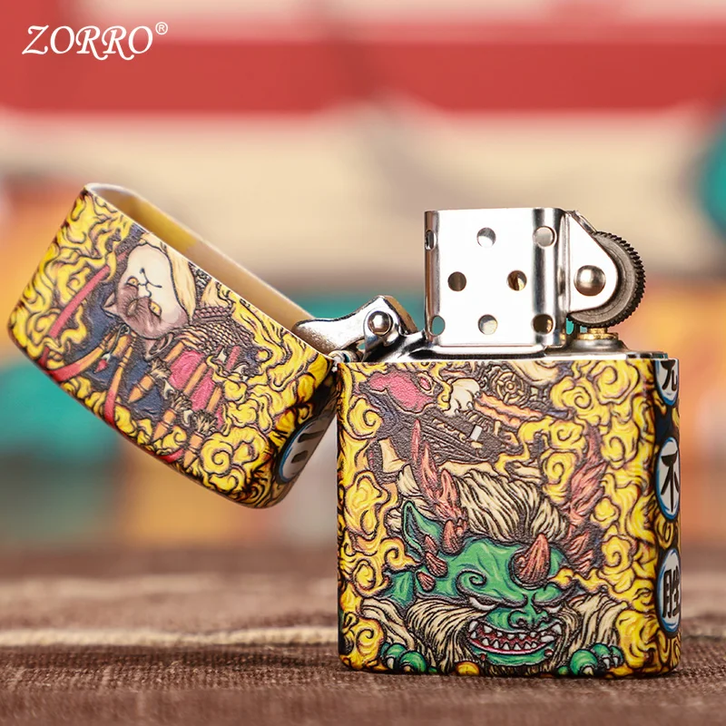 Guochao Zorro lighter creative color paint Erlang God retro grinding wheel personality kerosene windproof lighter for boyfriend