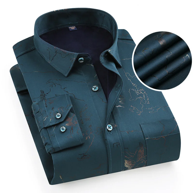 Зимняя горячая распродажа мужские фланелевые рубашки Camisa с длинным рукавом с добавлением шерсти, дышащая удобная облегающая ткань с принтом и отложным воротником - Цвет: green
