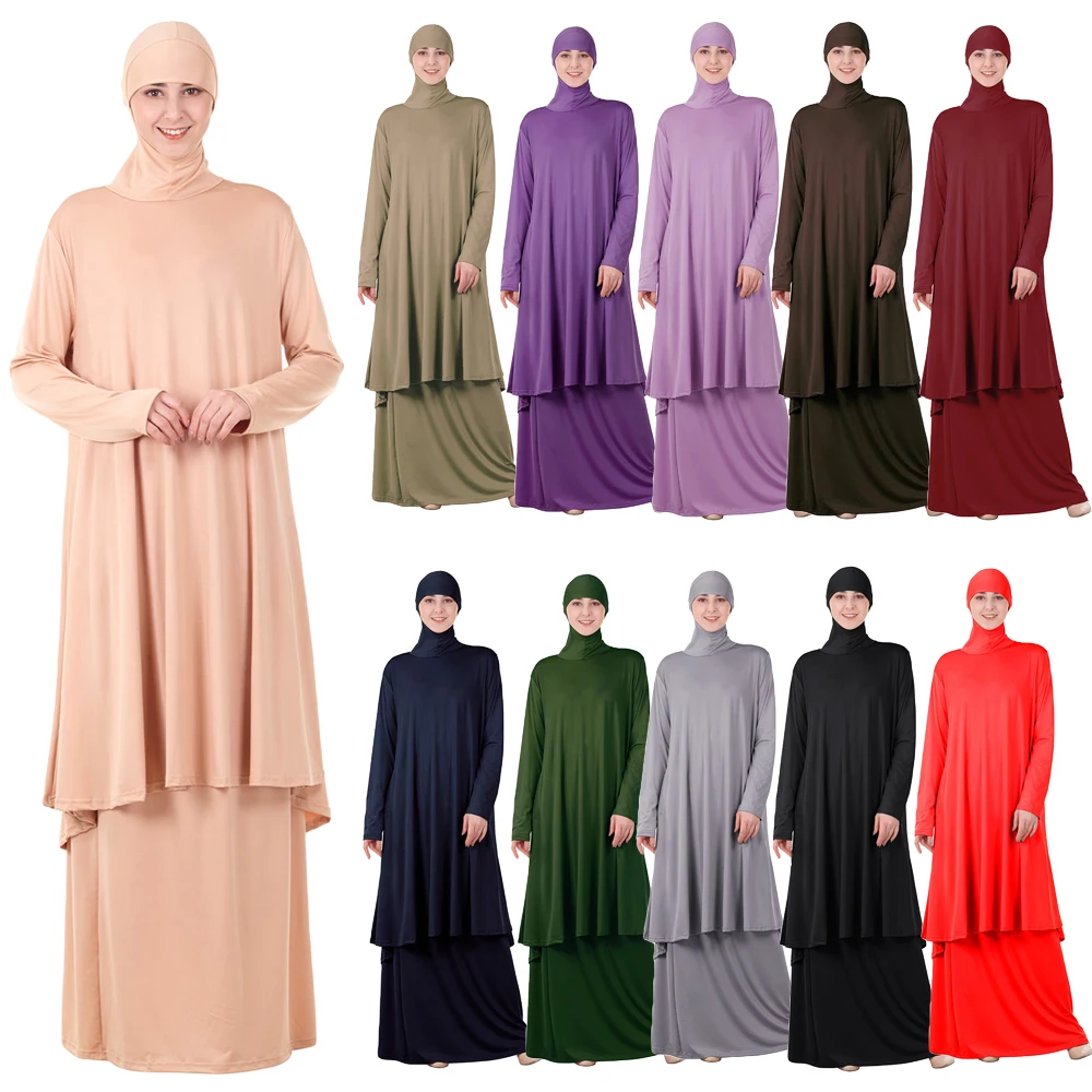 

Women Muslim Worship Abaya Two Pieces Dress Thobe Gown Hijab Prayer Middle East Robe Islamic Hood Abayas Skirts Praying Clothing