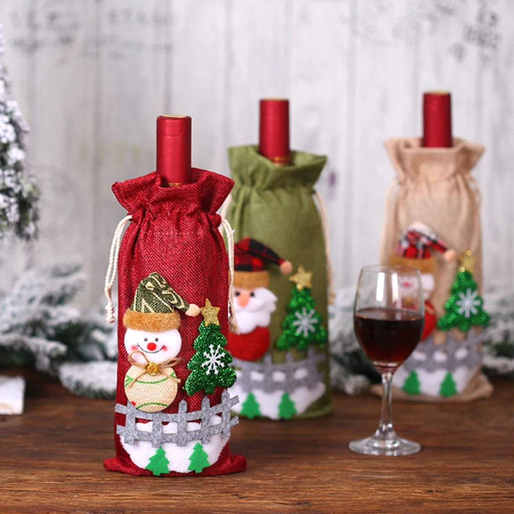 

1pc Christmas Red Wine Bottle Covers Bag Linen Holiday Santa Claus Champagne Bottle Cover Christmas Decorations For Home