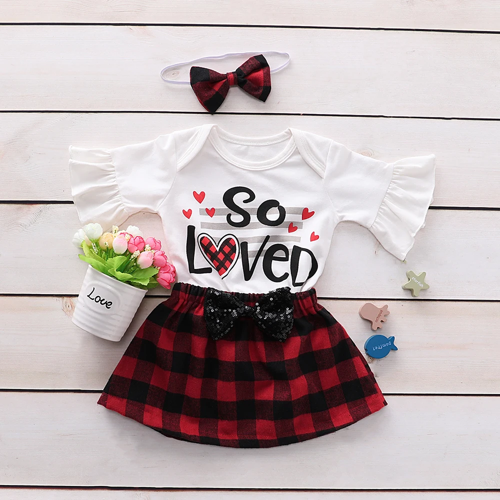 

CYSINCOS 2020 Baby Summer Clothing Valentine's Day Baby Girl Outfits Suit Newborn Flare Romper Plaid Skirt Headband 3Pcs Set