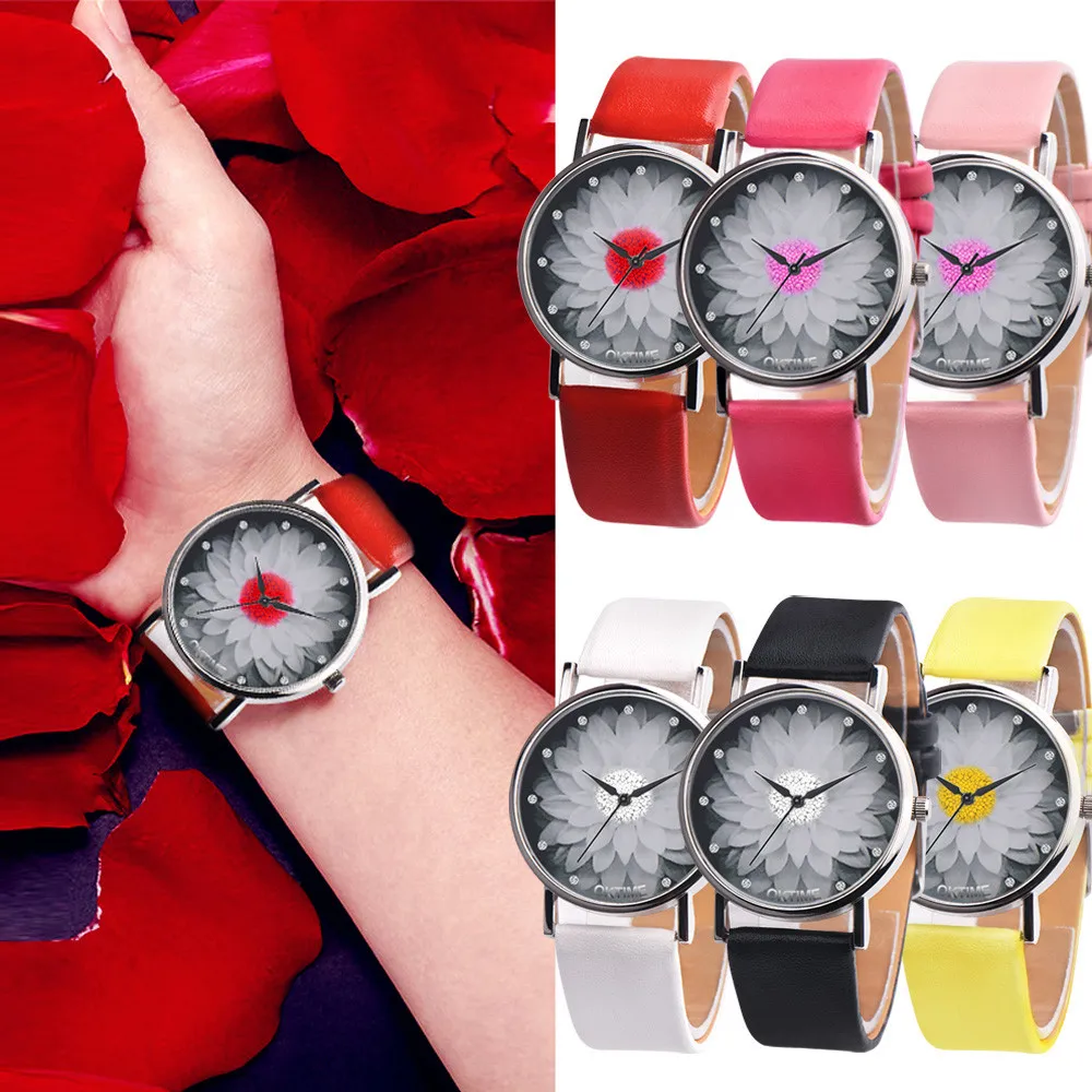Лидер продаж, брендовые простые трендовые женские часы, элегантные часы со стразами и принтом лотоса, кожаный ремешок, Женские кварцевые наручные часы, часы, 533
