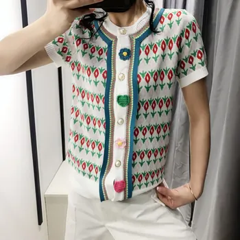 

Crochet Floral Cardigan Thin Jacquard Knit Tops 2020 Summer New Contrast Color O-neck Single Breasted Cardigan Knit Shirts Tops