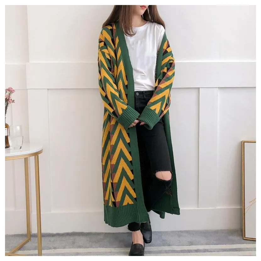Women Long Sleeve  Printed Sweater Cardigans Casual Knitted Sweater Overcoat Coat Autumn Winter Long Sweater Jacket