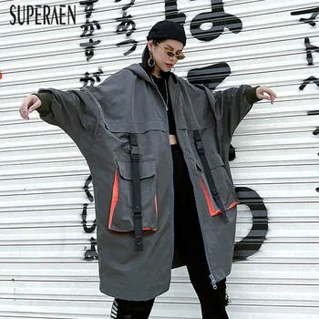 

superAen trench coat for women pluz Size wild casual Hooded Pocket new 2020 Spring And Autumn Casual windbreakers female