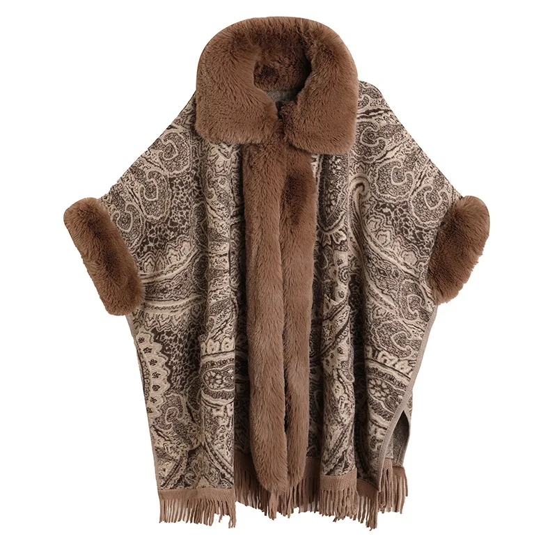 5 Colors 2022 Winter Warm Tassel Khaki Long Outstreet Poncho Cloak Print Women Turn-down Faux Fur Neck Loose Coat With Pocket