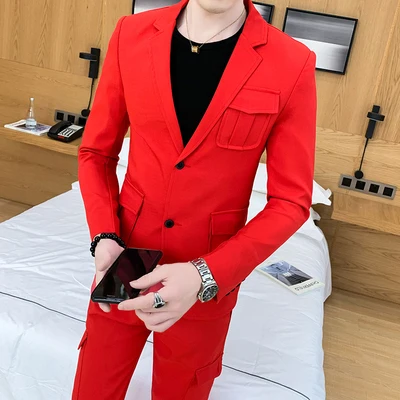 summer men's fashion slim solid color long-sleeved small suit suit tide male hair stylist nightclub handsome groom suit - Цвет: Красный