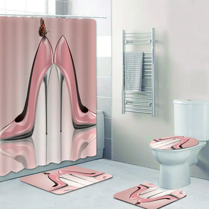 Girly Pink High Heels Shower Curtain Trendy High Heel Shoe With Butterflies Flowers Bathroom Curtain Set For Lady Home Decor Aliexpress