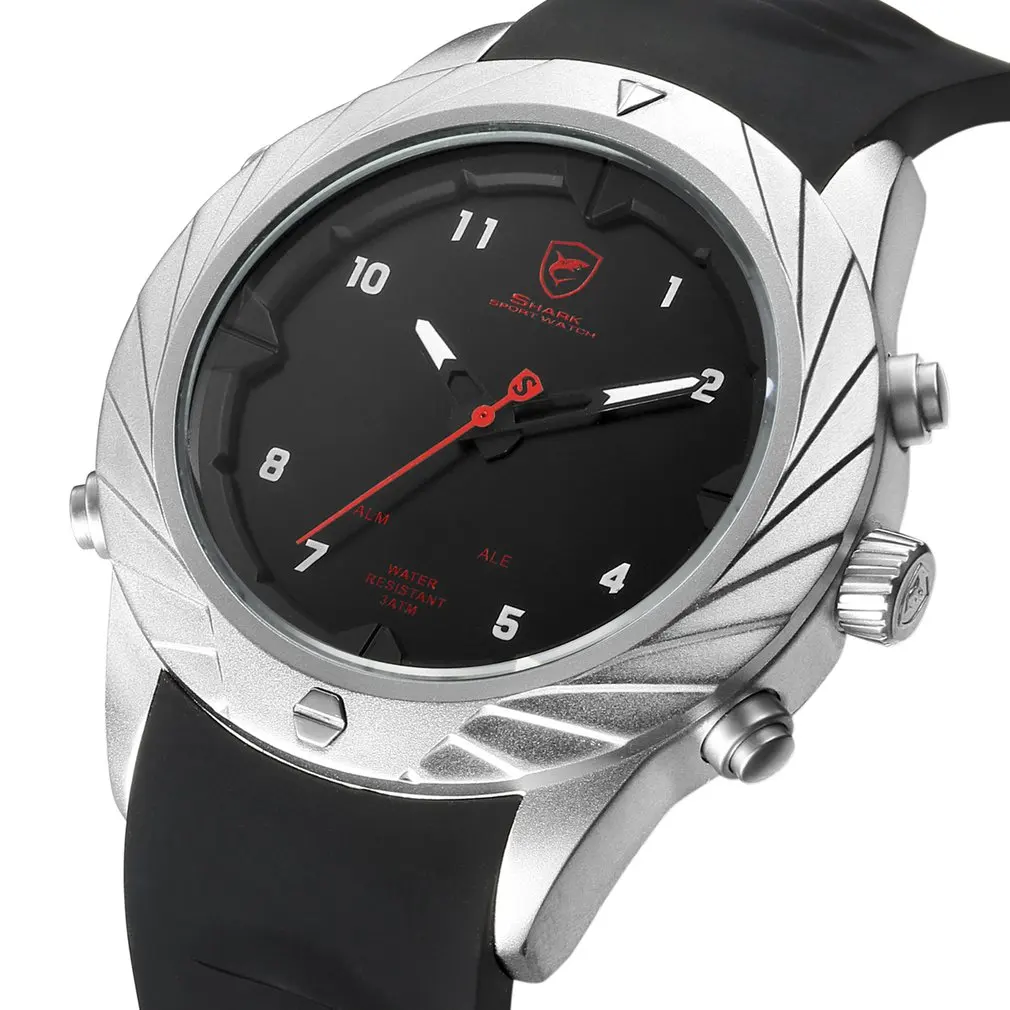 Silver Black SH581 Изящные спортивные часы с акулой, креативный дизайн, черный светодиодный, аналоговый, кварцевые, авто, дата, день, силиконовый ремешок, мужские цифровые наручные часы/SH577 - Цвет: Silver Black SH581