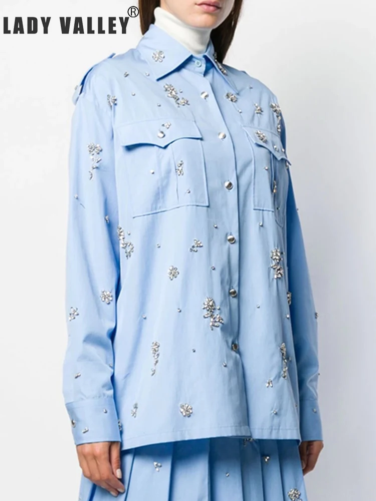 

Heavy craft beaded diamond tooling shirt ladies spring fashion temperament wild personality loose tops