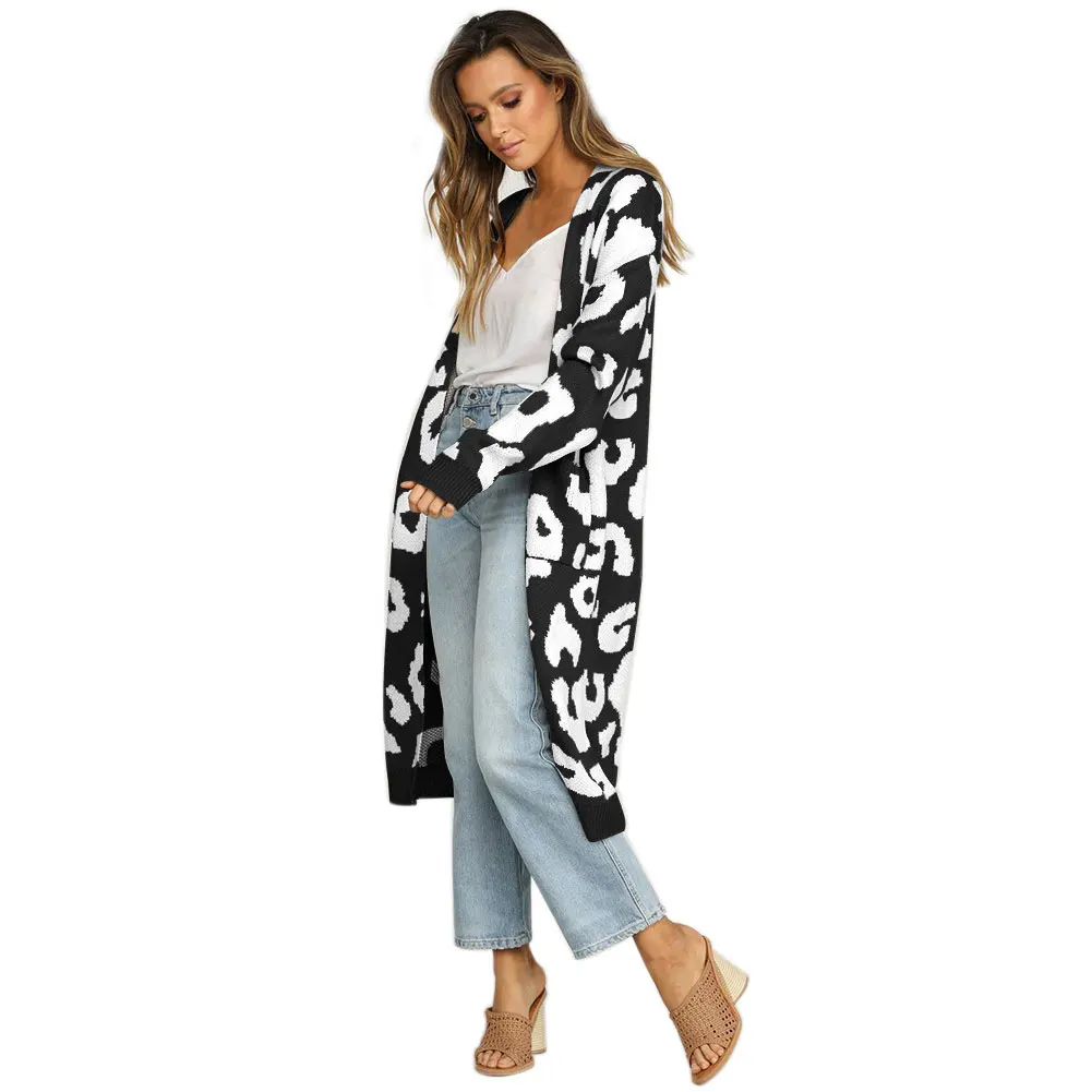 Leopard Print Knee Length Warm Loose Knitted Outwear Fashion Pocket Long Sleeve Casual Soft Polyester Women Sweater Cardigans