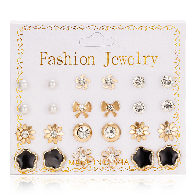 Pairs Stud Earrings Set for Women Statement Heart Star Snowflake Flower Crystal Pearl One Week Minimalist Set of Earrings Gift