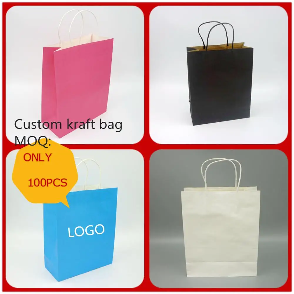 

100x Custom Printed Logo Recyclable Kraft Paper Bag for Shopping Gift Packaging Bags