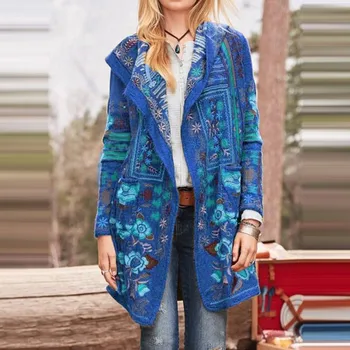 

Women Folk-custom Fashion Long Sleeve Flower Print Pocket Casual Long Outwear Winter Warm Parka Casual Long Outwear 2020