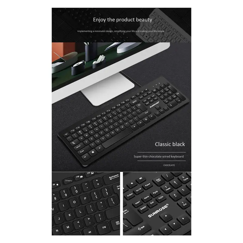 Sunrose Q2 брызгозащищенная Usb Проводная 104 клавиша ультра-тонкая Тихая клавиатура для домашнего офиса компьютерная игра