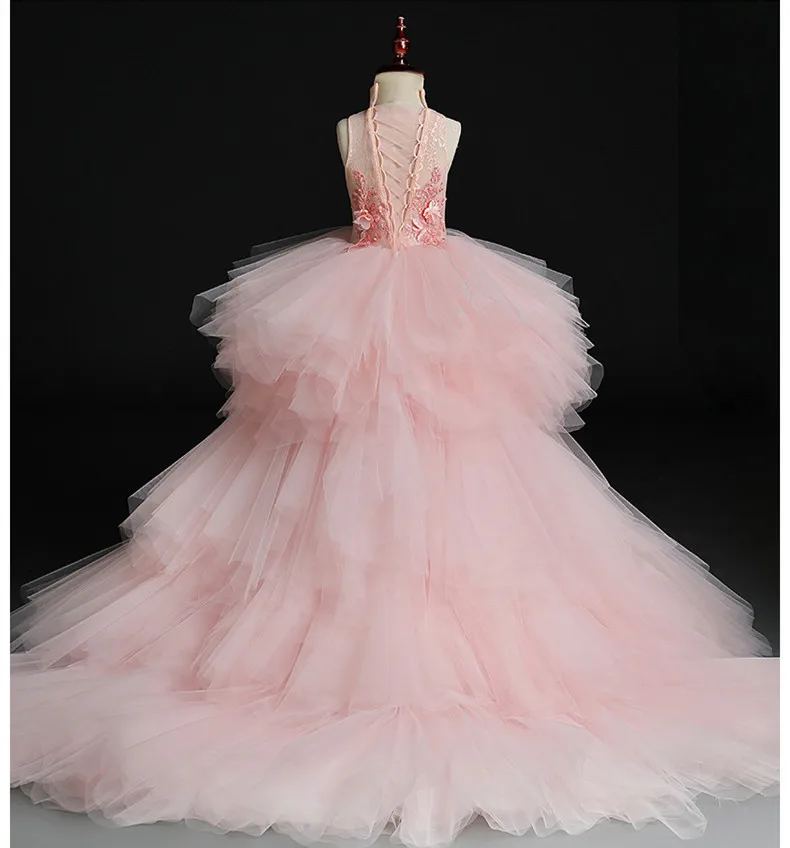 Розовые фатиновые Детские платья с аппликацией; рождественское свадебное платье с цветочным узором для девочек; элегантное платье принцессы; детский вечерний костюм