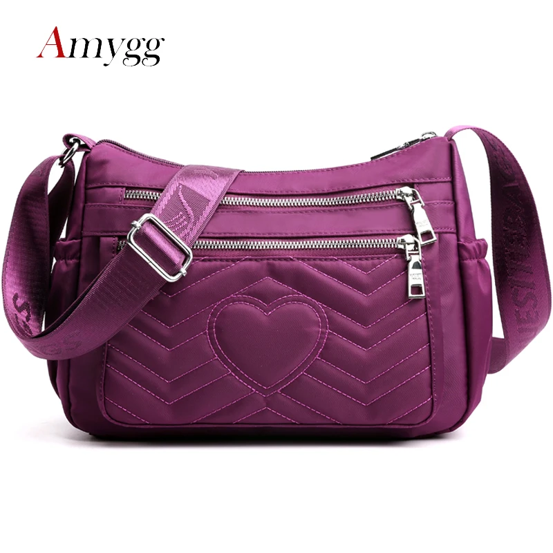 

AMYGGHigh Quality Nylon Satchel Women Messenger Bag Striped Heart Pattern Crossbody Shoulder Bag Muti-Pocket Ladies Hand Bags