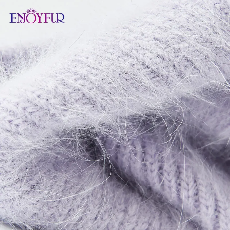 ENJOYFUR Women Winter Knitted Hats Natural Angola Wool Cuffed Dome Cap For Female Fashion Stretch Casual Brand Beanies Gorro 5