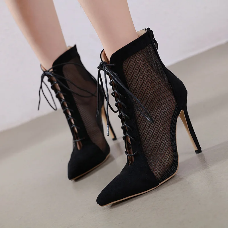 

2019 Europe Early Autumn Lace Mesh Breathable Short Boots Lace-up High-Heel Versatile Sandal Boots 198-53