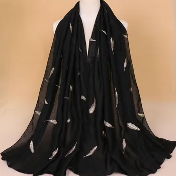 

Women Plain Embroider Gold Feather Cotton Winter Scarves Lady Stitch Shawls and Wraps Pashmina Warm Long Size Stole Muslim Hijab
