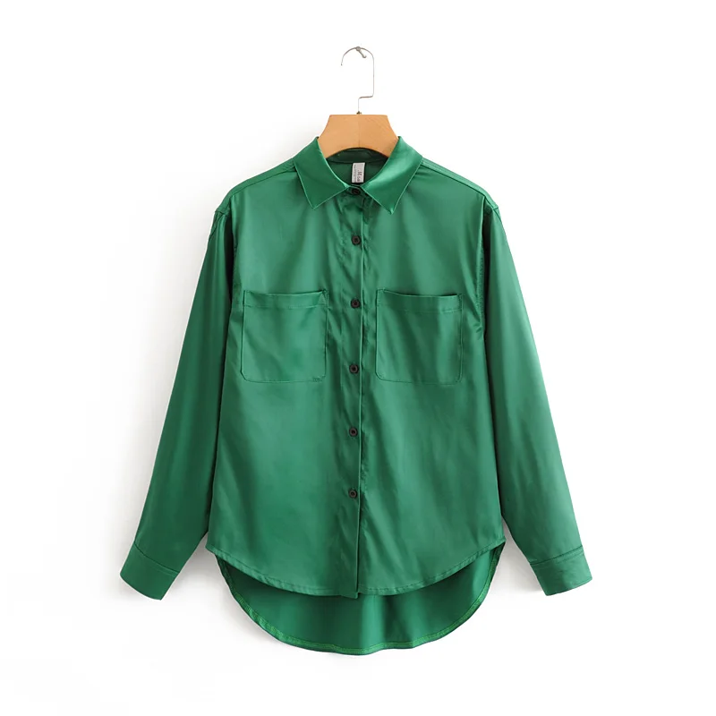 Женская винтажная атласная блузка 2020 модная весенняя женская зеленая рубашка с
