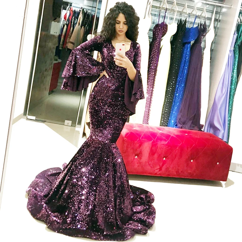 

Shining Sequins V Neck Long Evening Dresses For Weddings Robe De Soiree Arabic Dubai Prom Dress 2019 Saudi Arabia Party Gowns
