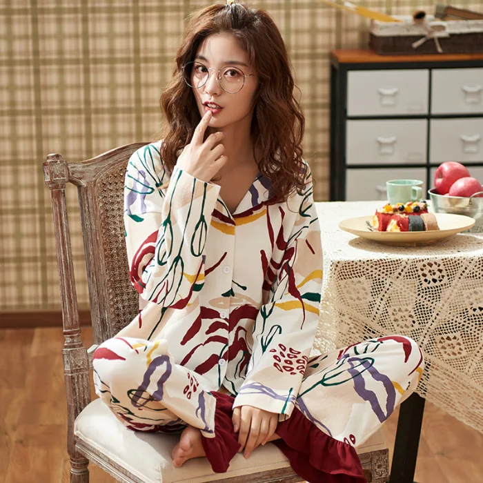 

Autumn And Winter New Style 6535 Double-Sided Combed Cotton Plant Pajamas Girl'S Fold-down Collar Long-sleeved Cardigan Loose-Fi