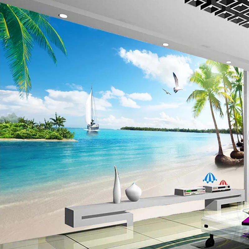 Papel de Parede com Mural 3d Personalizado Pintura em Azul Céu Branco Nuvens Praia Coqueiro Paisagem Sala de Estar Fundo Arte para Parede