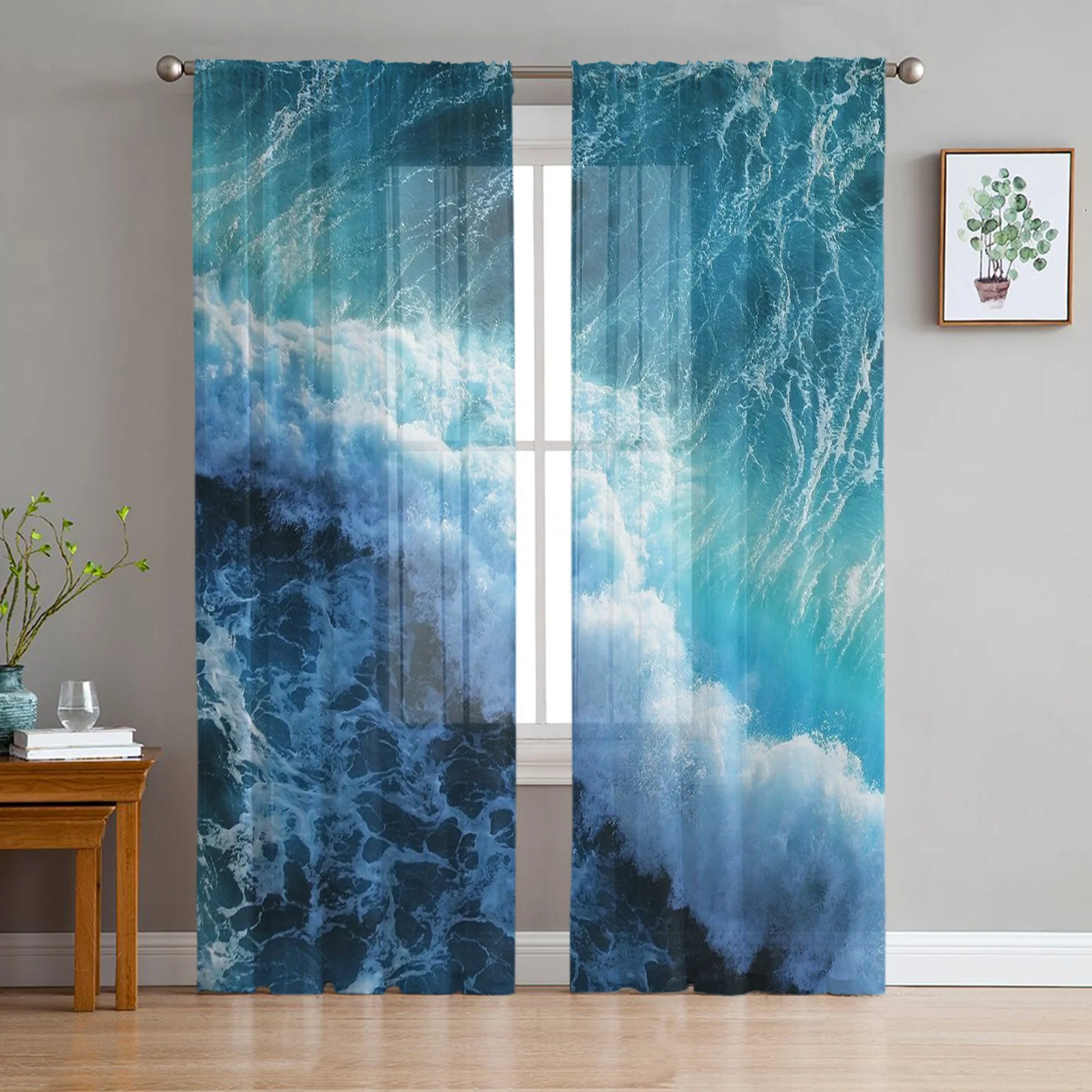 Blue Sea Waves Window Curtain For Bedroom Sheer Curtain For Living Room