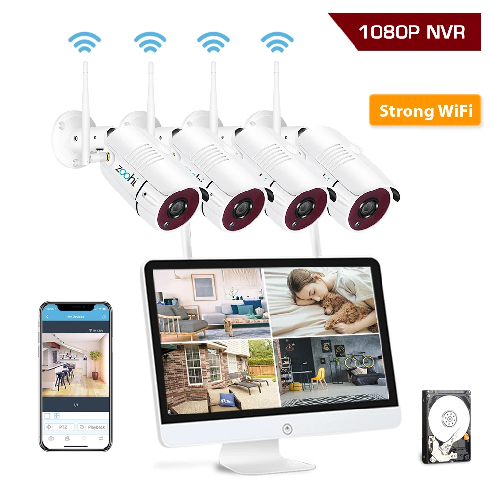 

Zoohi Survellance Wireless Cameras System 1080P 15.6 Inch LCD NVR Security Camera System With 2MP Outdoor Wifi IP Camera Kit