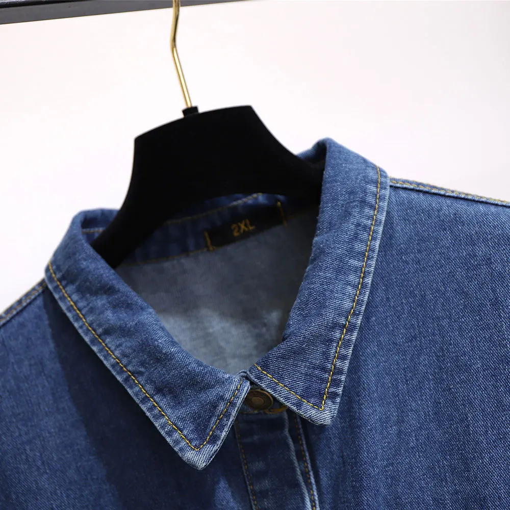 autumn winter plus size denim dress for women large loose casual long sleeves lapel dresses belt blue 3XL 4XL 5XL 6XL 7XL