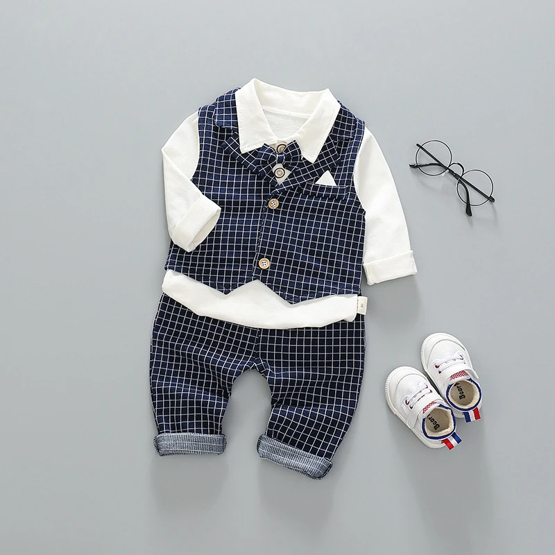 D 3 Pce set Blue Костюмы для мальчиков, блейзеры, модные белые рубашки, клетчатые топы, длинные штаны, хлопковые детские комплекты одежды, детская Свадебная куртка для детей - Цвет: D 3 Pce set Blue
