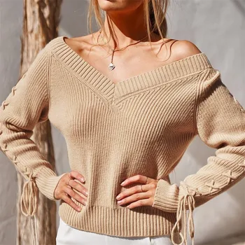 

loose sweater womens sweaters Plus Size Womens Solid V-Neck Long Sleeve Strappy Pullover Knit Sweater Top Y12.26