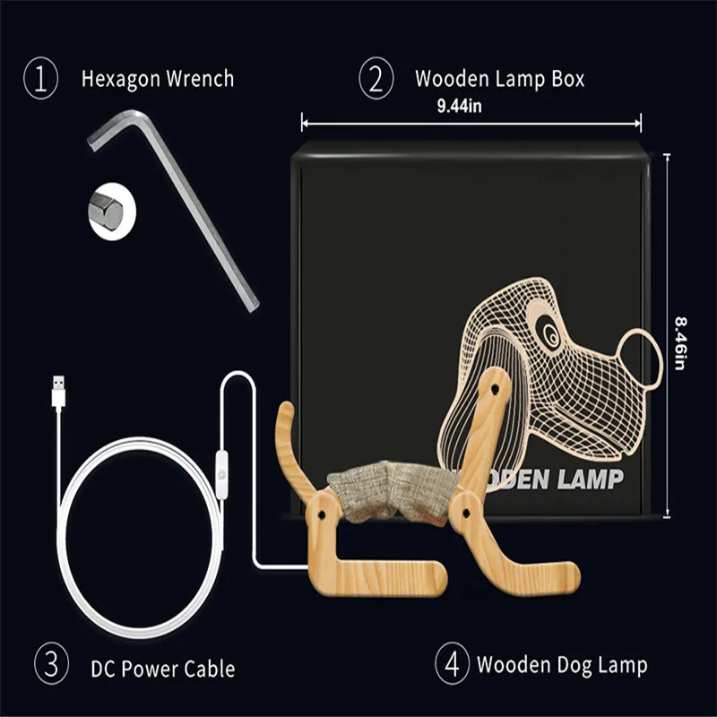 3D иллюзионный светодиодный светильник с деревянной основой для собак, складная акриловая панель, абажур, гибкий светильник для