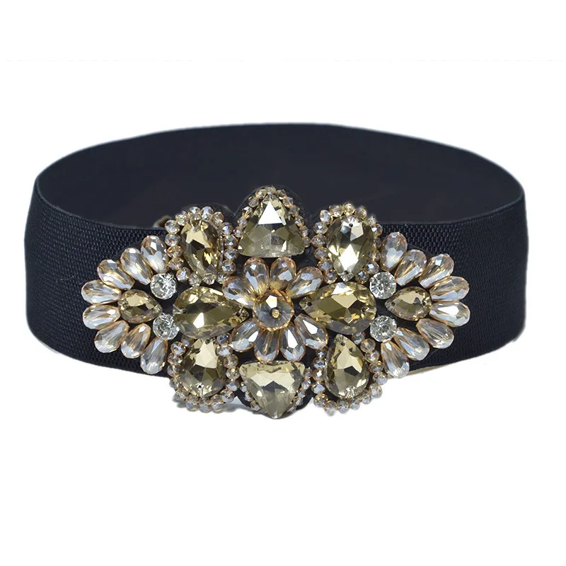 Luxury Brand Wide Belt Floral Rhinestone Belts For Women Buckles Stretchy Elastic Waist Belt Ladies Fashion Waistband Ceinture