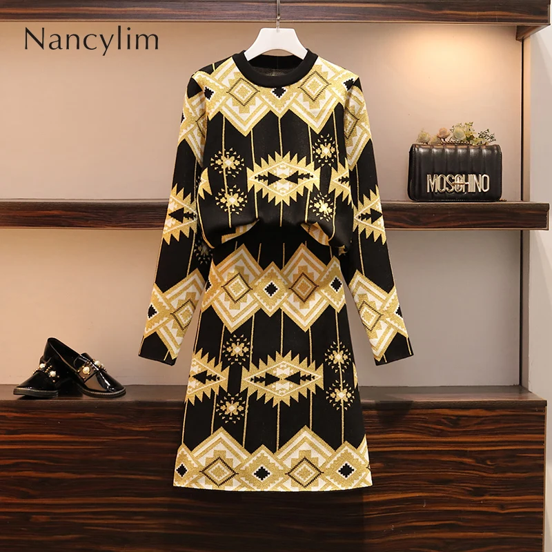 

Autumn Winter Plus Size 4XL 2piece Sets Knitwear Sweater Suits New Pull Sweater + Hip Skirt Womens Skirts Set Tracksuit Women