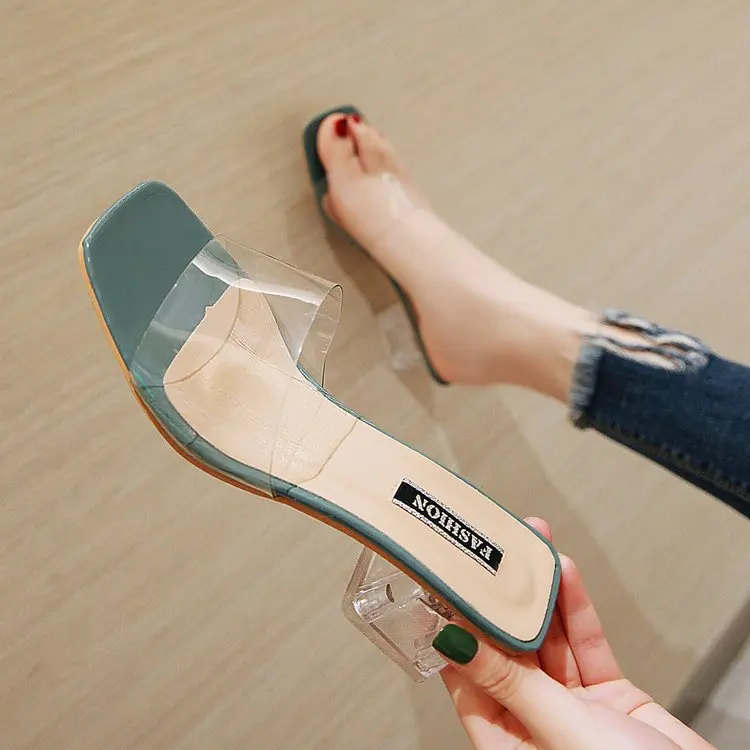 

Women Sandals Shoes Celebrity Wearing Simple Style PVC Clear Strappy Buckle High Heels Woman Transparent Heels Yellow 2021